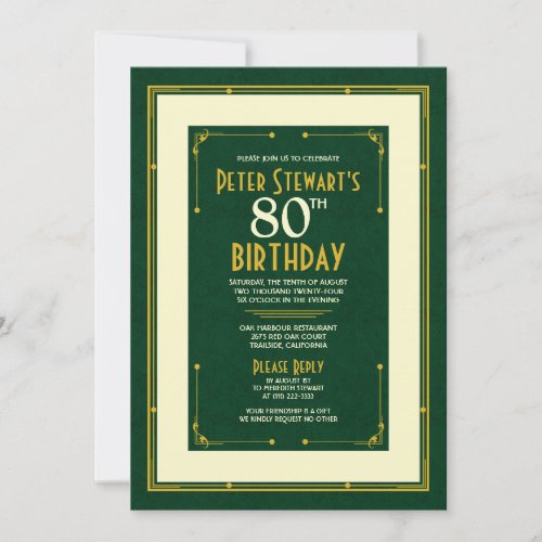Green Gold Simple Mans Classic 80th Birthday Invitation