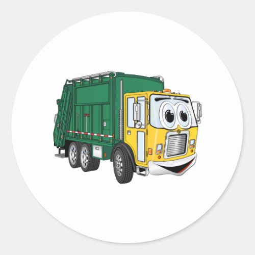 Green Gold Smiling Garbage Truck Cartoon Classic Round Sticker