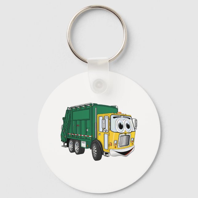 Green Gold Smiling Garbage Truck Cartoon Keychain (Front)