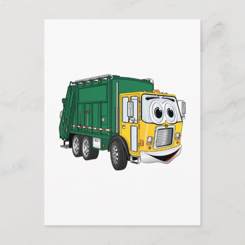 Green Gold Smiling Garbage Truck Cartoon Postcard