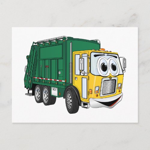 Green Gold Smiling Garbage Truck Cartoon Postcard