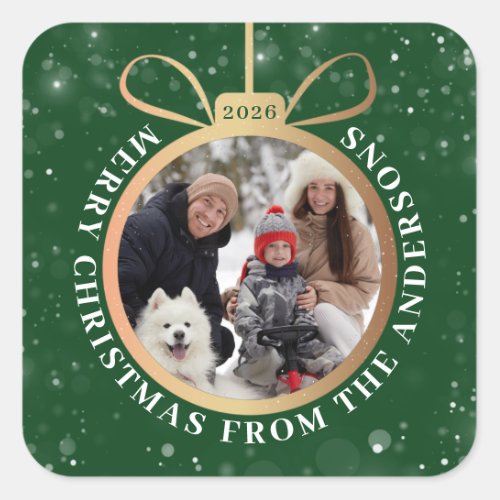Green Gold Snow Christmas Ornament Holiday Photo Square Sticker