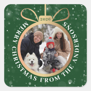 Green Gold Snow Christmas Ornament Holiday Photo Square Sticker