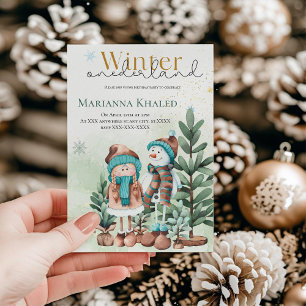 Green gold Snow Girl Snowman Christmas Birthday Invitation