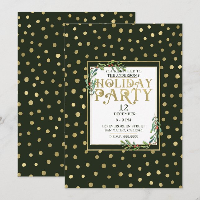 Green & Gold Snow Holiday Party Invitation (Front/Back)