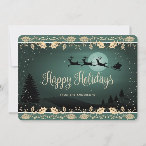 Green Gold Snow Holly Santa Holiday Card