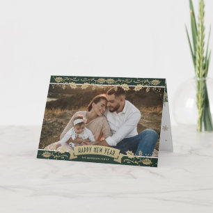 Green Gold Snowflake Botanical Photo New Year Card