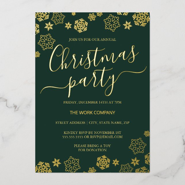 Green Gold Snowflake Corporate Christmas Party  Foil Invitation (Front)