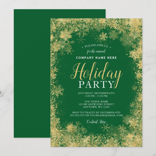 Green Gold Snowflake Corporate Holiday Party Invitation (Front/Back)