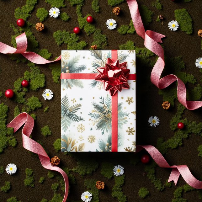 Green Gold Snowflake Holiday Luxury Watercolor Wrapping Paper (Creator Uploaded)