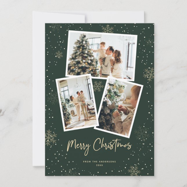 Green Gold Snowflake Photo Merry Christmas Cards (Front)