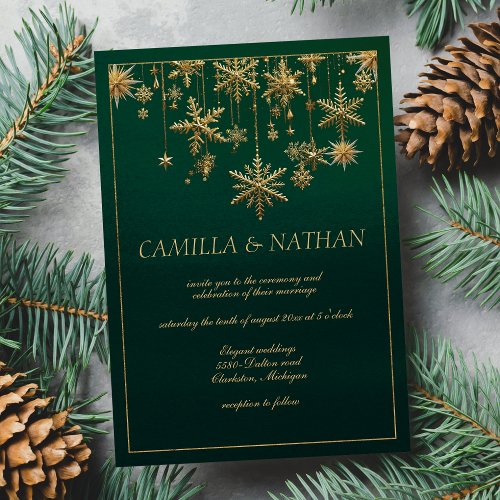 Green gold snowflake winter wonderland Wedding Invitation