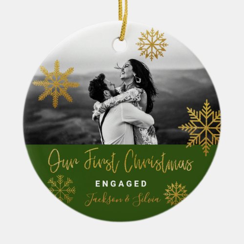 Green Gold Snowflakes First Christmas Engaged Ceramic Ornament
