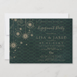 Green Gold Snowflakes Winter Engagement Party Invitation