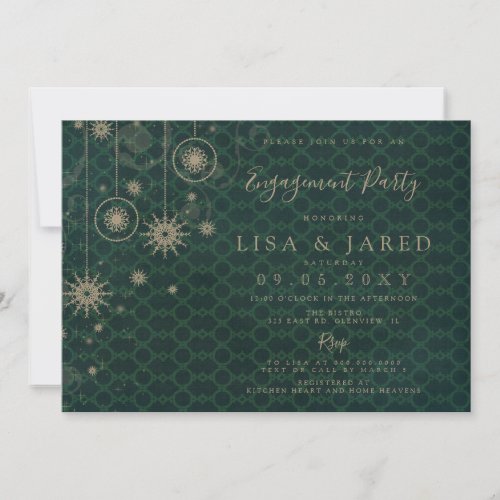 Green Gold Snowflakes Winter Engagement Party  Invitation