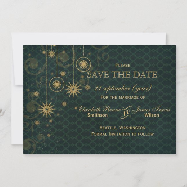 green gold Snowflakes Winter  save the date (Front)