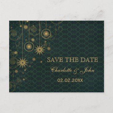 green gold Snowflakes Winter save the Date Announcement Postcard