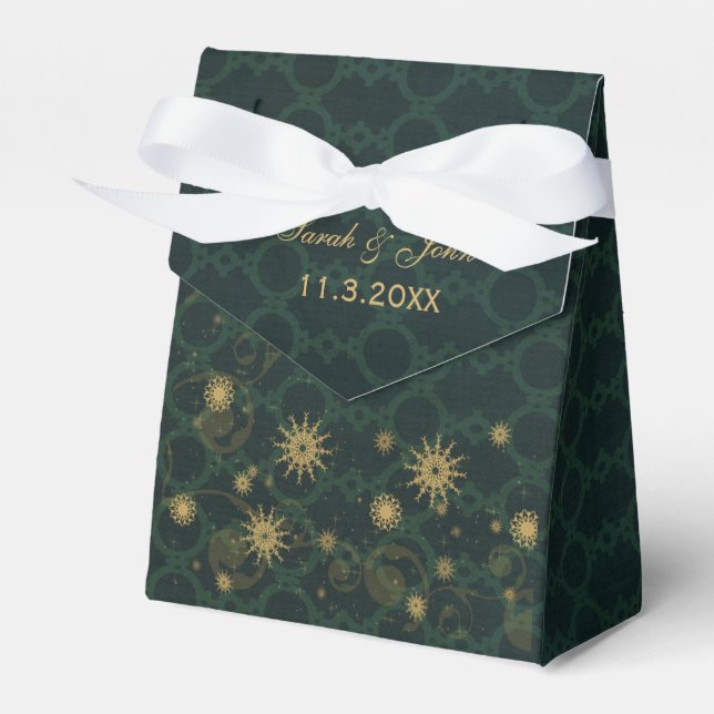 green gold Snowflakes Winter wedding favor box (Front Side)
