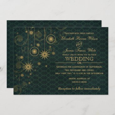 green gold Snowflakes Winter wedding invitations