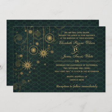 Green gold Snowflakes Winter wedding invitations