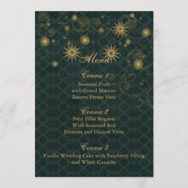 green gold Snowflakes Winter wedding menu cards