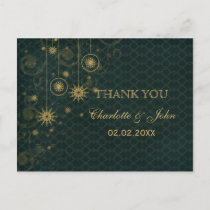 green gold Snowflakes Winter wedding Thank You Postcard