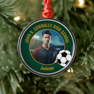 Green Gold Soccer Player Photo Christmas Metal Ornament