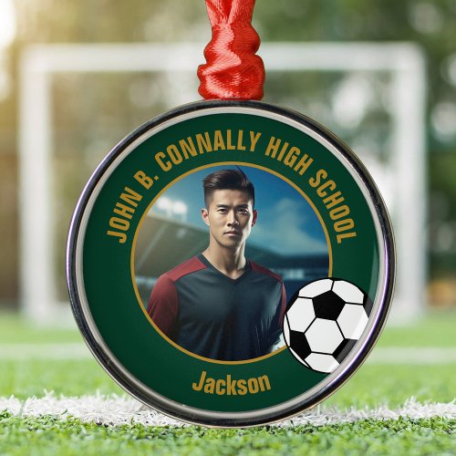 Green Gold Soccer Player Photo Christmas Metal Ornament