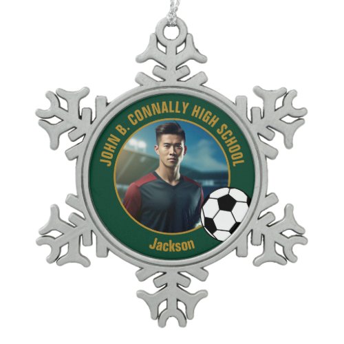 Green Gold Soccer Player Photo High School Snowflake Pewter Christmas Ornament