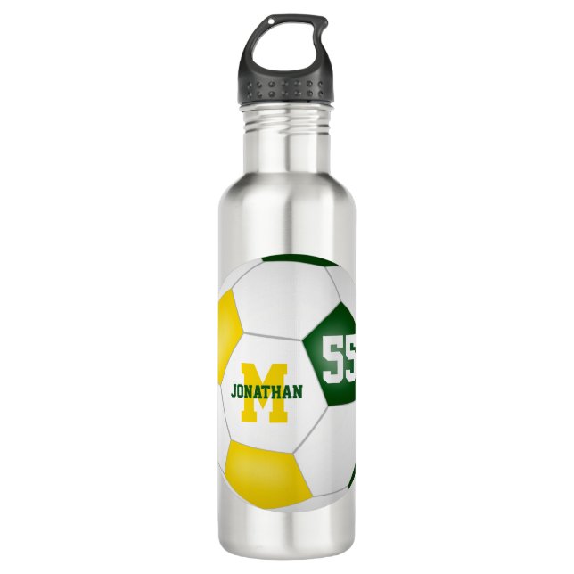 green gold soccer team colors boys girls stainless steel water bottle (Front)