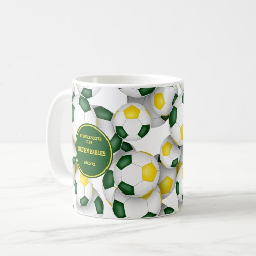 Green gold soccer team colors coach name coffee mug