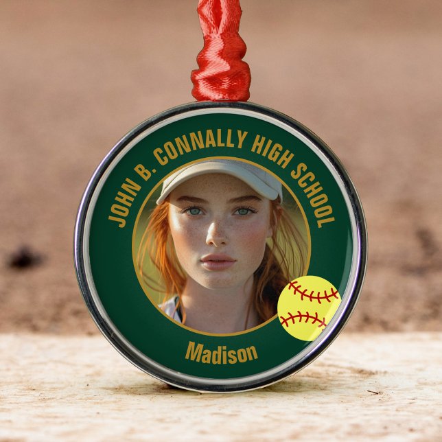Green Gold Softball Player Photo Christmas Metal Ornament (Creator Uploaded)