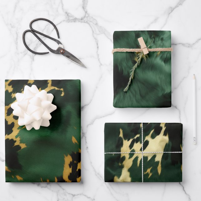 Green Gold Southwest Cowboy Cowgirl Cowhide Wrapping Paper Sheets (Front)