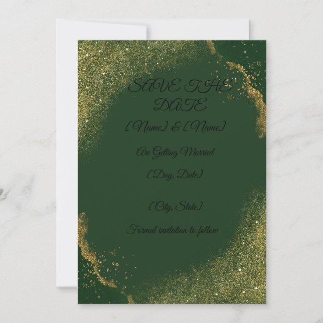 Green & Gold Spark Save The Date Card (Front)