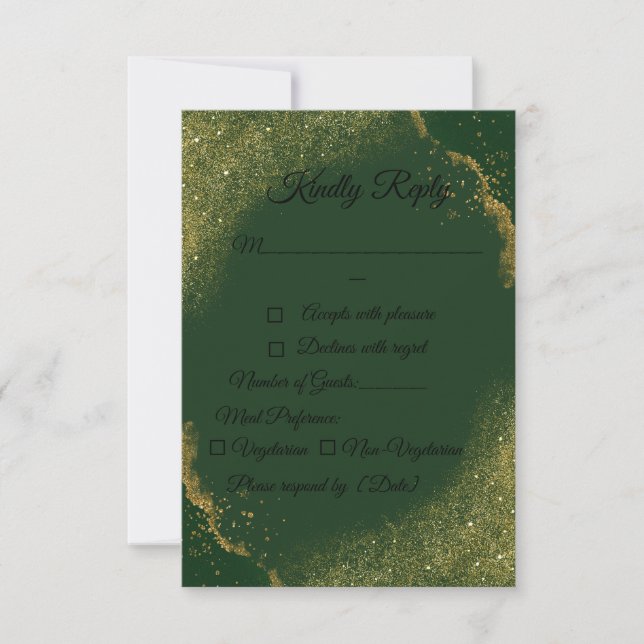 Green & Gold Spark Wedding RSVP Card (Front)