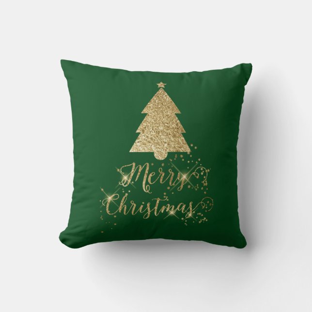 Green Gold Sparkle Merry Christmas Tree Throw Pillow (Front)