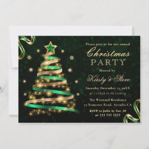 Green & Gold Sparkly Ribbon Tree Christmas Party Invitation