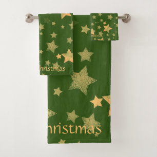 Green Gold Star Elegant Vintage Christmas Bath Towel Set