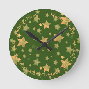 Green Gold Star Simple Modern Template Christmas Round Clock