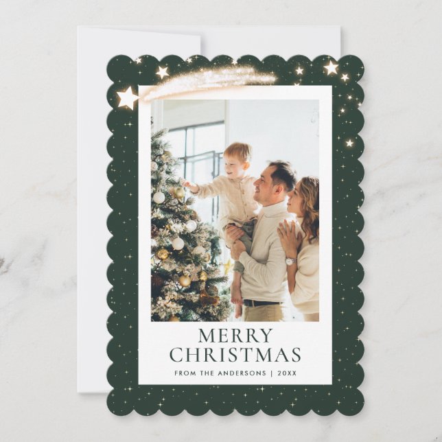 Green Gold Starry Night Photo Merry Christmas Holiday Card (Front)