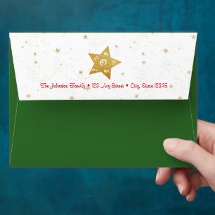 Green Gold Stars Christmas Script Name Bold Rustic Envelope