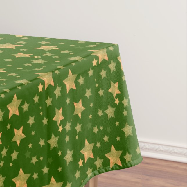 Green Gold Stars Elegant Retro Vintage Christmas Tablecloth (In Situ)