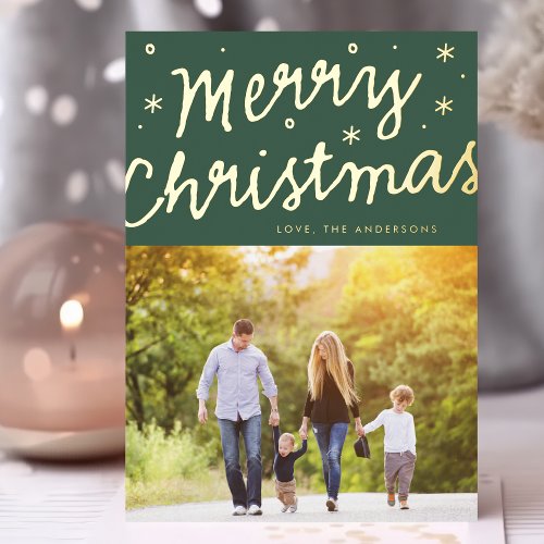 Green Gold Stars Merry Christmas Lettering Photo Foil Holiday Card