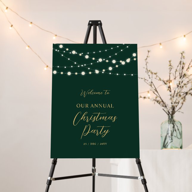 Green & Gold String Light Christmas Party Welcome  Foam Board (In Situ (Stand))