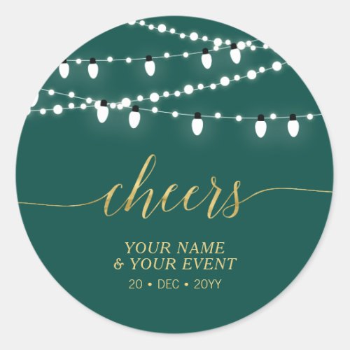 Green  Gold String Lights Cheers Event Favor Gift Classic Round Sticker