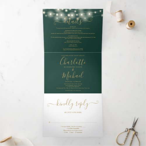 Green Gold String Lights Script Monogram Wedding Tri_Fold Invitation