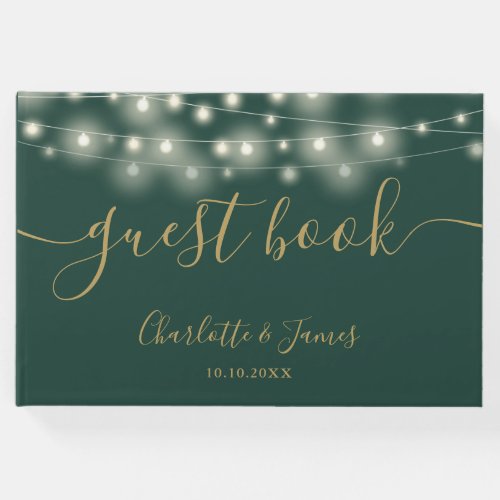 Green Gold String Lights Signature Script Wedding Guest Book