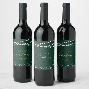 Green & Gold String Lights Snow Merry Christmas Wine Label