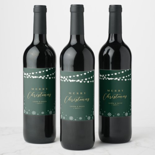 Green  Gold String Lights Snow Merry Christmas Wine Label