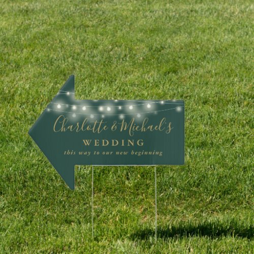 Green Gold String Lights Wedding This Way Arrow Sign